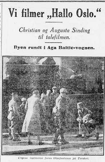 Faksimilen: Alfhild Hovdan instruerer statister på Torshov i forbindelse med innspillingen av Hallo Oslo! Faksimile fra Dagbladet 12.9.1931.